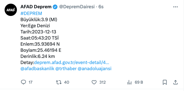 Ege Denizi'nde deprem!