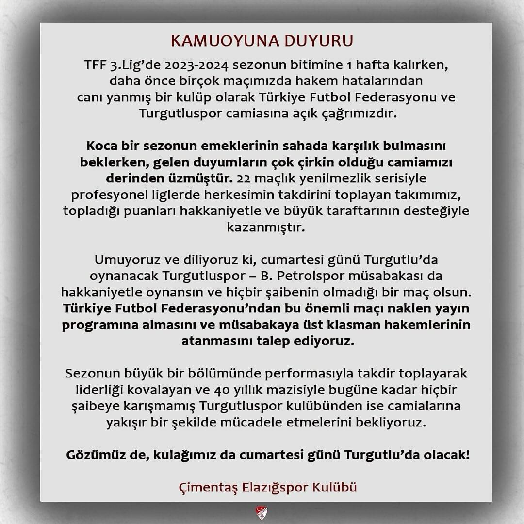 Turgutluspor'dan Elazığspor'a sert tepki: 'Ne spor ahlakına, ne de şanlı tarihimize yakışır'