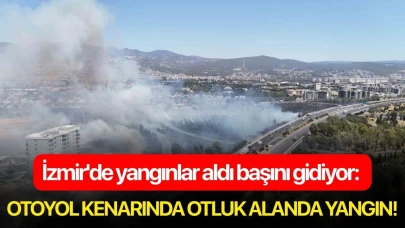 İzmir'de yangınlar aldı başını gidiyor: Otoyol kenarında otluk alanda yangın!