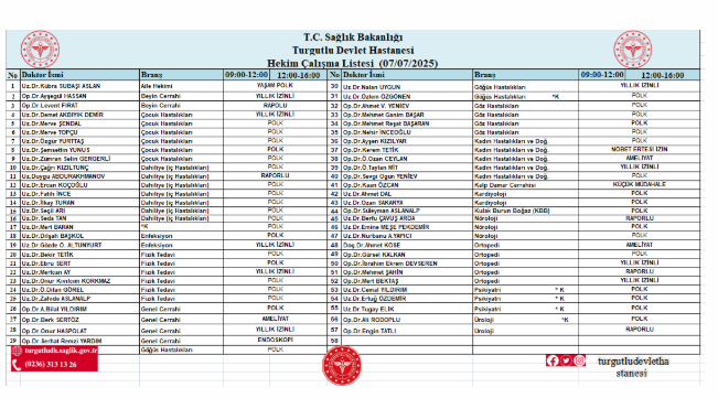 Yarın Turgutlu Devlet Hastanesi'nde Hangi Doktorlar Görev Yapacak?
