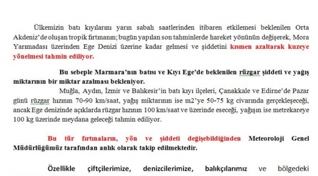 Tropik fırtına yön değiştirdi