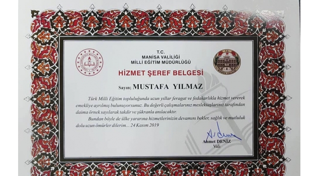 Manisa Valiliğinden Muhtar Yılmaz'a 'Hizmet Şeref Belgesi'