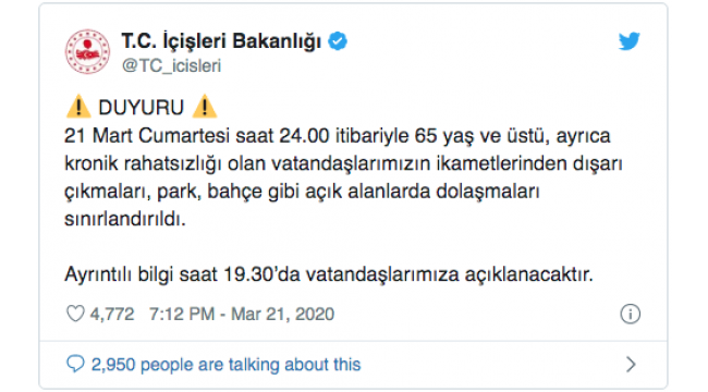 65 yaş ve üzeri kişilerin dışarı çıkmaları sınırlandırıldı