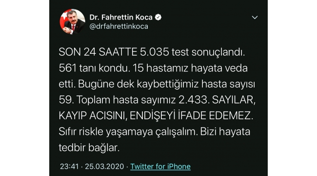Son Dakika: Türkiye'de koronavirüsten ölenlerin sayısı 59'a, vaka sayısı 2433'e yükseldi