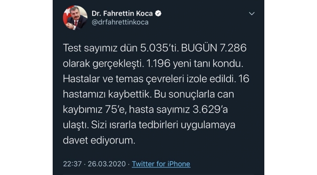 SON DAKİKA! TÜRKİYE'DE KORONAVİRÜSTEN CAN KAYBI 75 OLDU