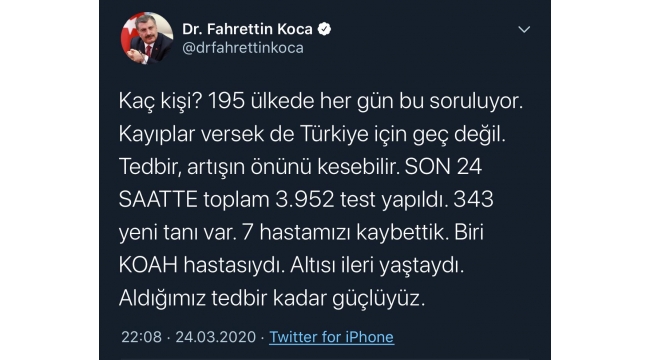 Türkiye'de koronavirüsten can kaybı 44 oldu!