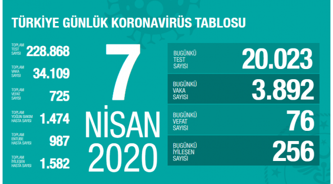 Türkiye'de koronavirüsten ölenlerin sayısı 725'e yükseldi
