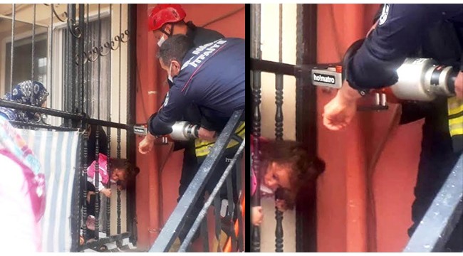 Başı balkon demirlerine sıkışan çocuğu itfaiye kurtardı