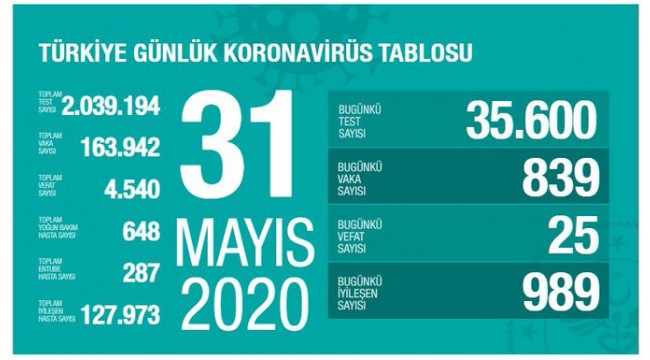 Türkiye'nin 31 Mayıs koronavirüs tablosu