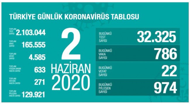 Türkiye'nin 2 Haziran koronavirüs tablosu