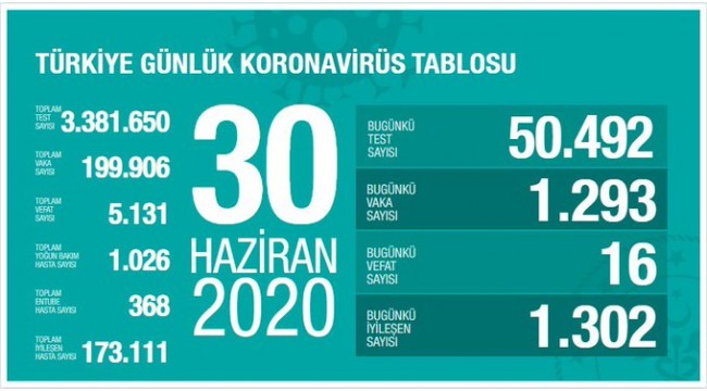 Türkiye'nin 30 Haziran koronavirüs tablosu