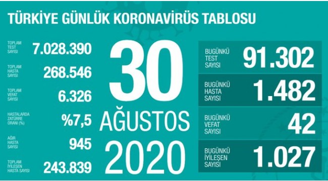 Türkiye'nin 30 Ağustos koronavirüs tablosu