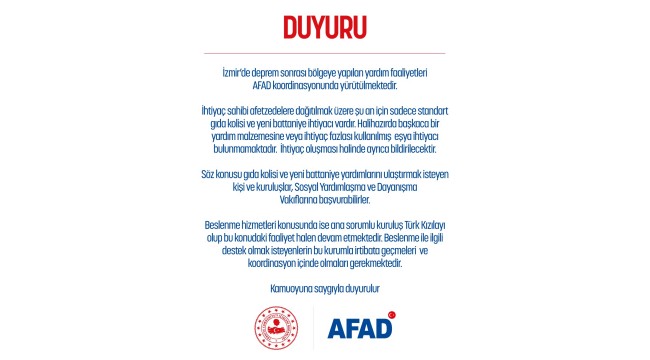 AFAD: Depremzedeler için gıda kolisi ve battaniyeye ihtiyaç var