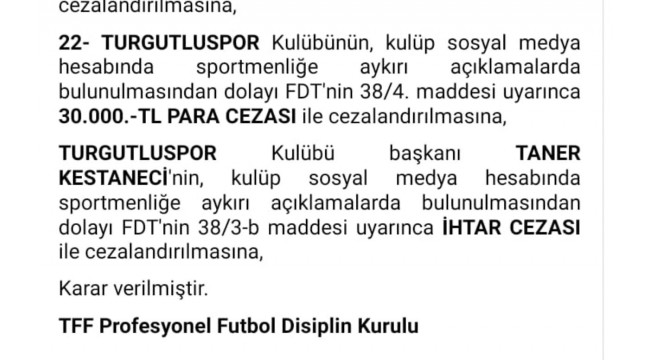 PFDK’dan Turgutluspor’a para, başkan Kestaneci’ye ihtar cezası