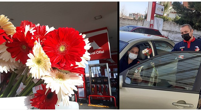 M. Aydın Çıkıkcı Petrol Ofisi kadınları çiçeklerle karşıladı