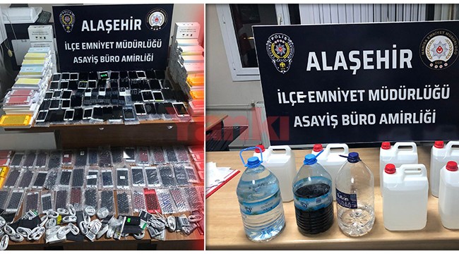 Alaşehir'de kaçak cep telefonları ile sahte içki ele geçirildi