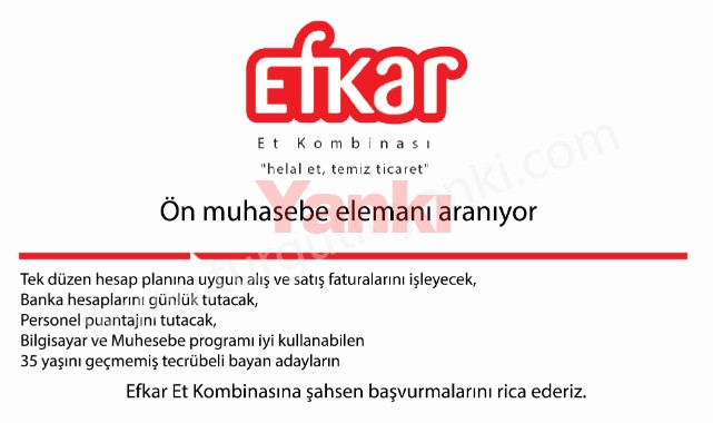Efkar Et Kombinası, Ön Muhasebe Elemanı Arıyor..