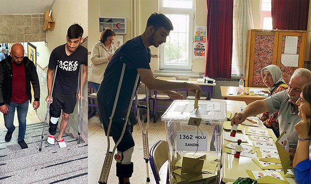 Oy kullanmaya koltuk değnekleriyle geldi