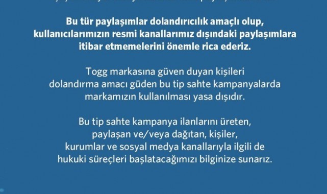 Togg'dan dolandırıcılık uyarısı
