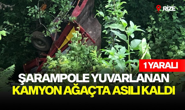 Şarampole yuvarlanan kamyon ağaçta asılı kaldı