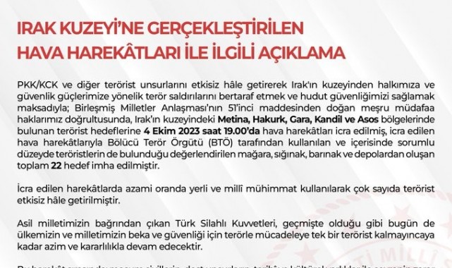 MSB'den Irak'ın kuzeyine hava harekatı: 22 hedef imha edildi