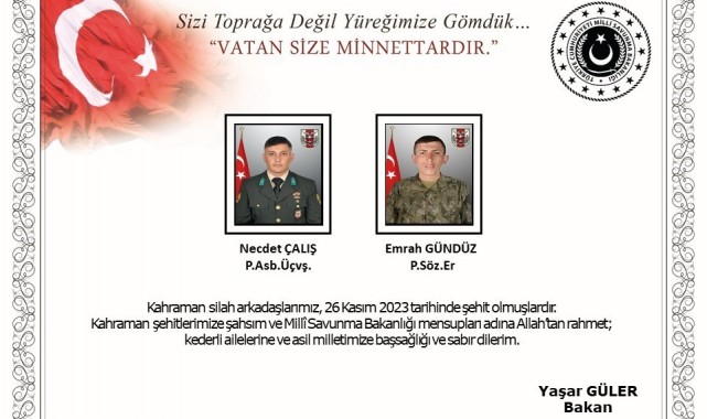 Pençe-Kilit operasyon bölgesinde 2 asker şehit oldu