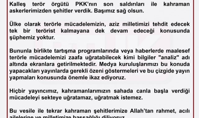 RTÜK Başkanı Şahin: "Hiçbir yayıncımız, kahramanlarımızın sahada canla başla verdiği mücadeleyi sekteye uğratamaz"