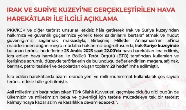TSK bölücü terör örgütünün 29 hedefini imha etti
