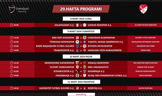 TFF, Süper Lig'in 29. hafta programında değişiklik yaptı