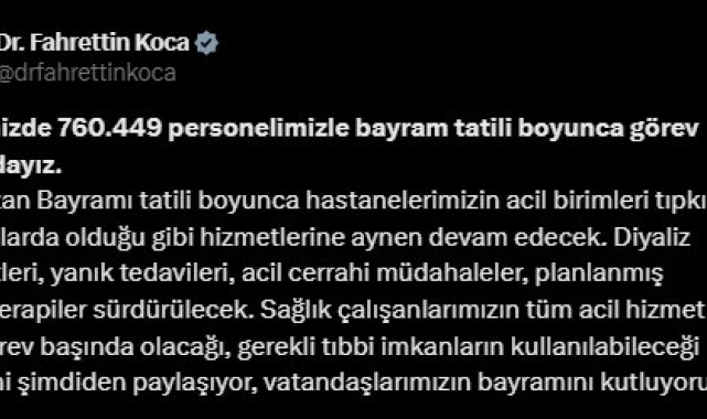 Bayram tatili boyunca 760 bin 449 sağlık personeli görev yapacak