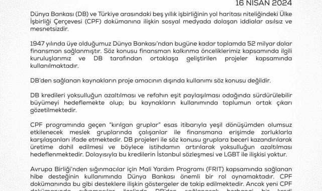 Hazine ve Maliye Bakanlığından Dünya Bankasından alınan kaynaklara ilişkin açıklama