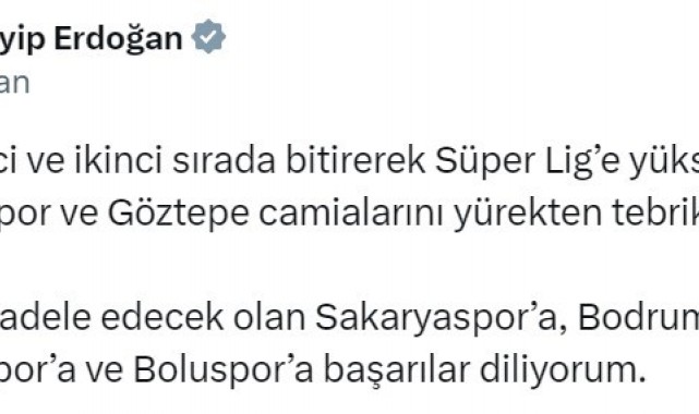 Cumhurbaşkanı Erdoğan'dan o takımlara tebrik