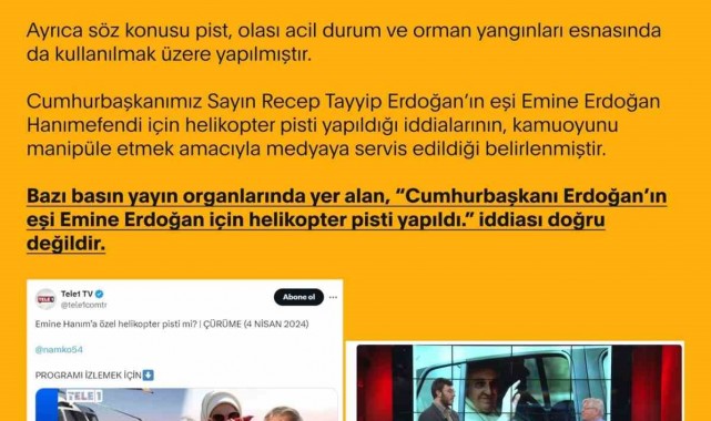 Dezenformasyonla Mücadele Merkezi: "'Cumhurbaşkanı Erdoğan'ın eşi Emine Erdoğan için helikopter pisti yapıldı' iddiaları doğru değildir"