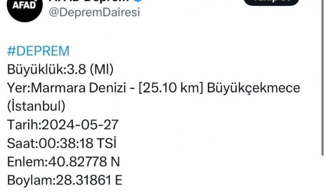 Marmara Denizi'nde 3,8 büyüklüğünde deprem