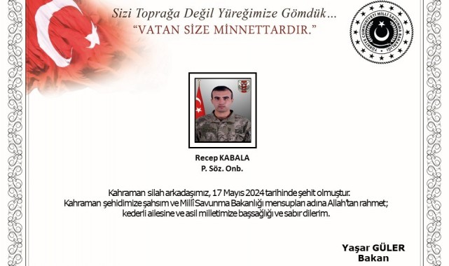 MSB: "Silah kazası sonucu Piyade Sözleşmeli Onbaşı Recep Kabala şehit oldu"