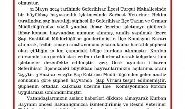 Seferihisar'daki 'şap' şüphesi asılsız çıktı