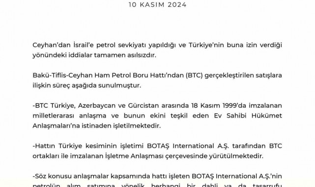 Enerji ve Tabii Kaynaklar Bakanlığı'ndan İsrail'e petrol sevkiyatı yapıldığı iddialarına yalanlama