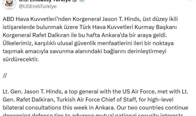 Türk Hava Kuvvetleri Kurmay Başkanı Korgeneral Dalkıran ile ABD'li Korgeneral Hinds bir araya geldi