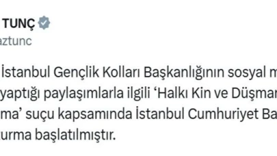 Bakan Tunç, Zafer Partisi İstanbul Gençlik Kolları Başkanlığı’nın yaptığı paylaşımlarla ilgili soruşturma başlatıldığını duyurdu