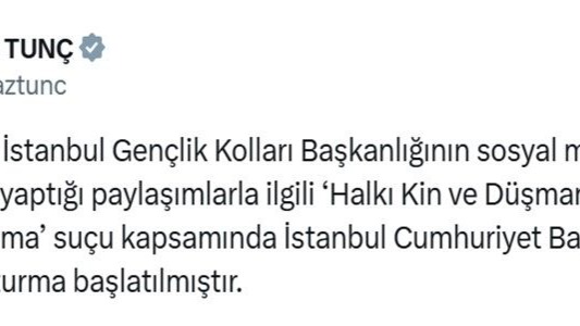 Bakan Tunç, Zafer Partisi İstanbul Gençlik Kolları Başkanlığı’nın yaptığı paylaşımlarla ilgili soruşturma başlatıldığını duyurdu