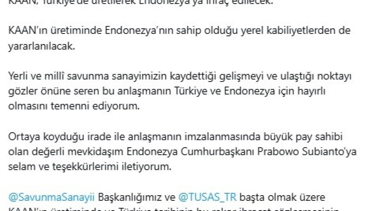 Cumhurbaşkanı Erdoğan duyurdu: Türkiye’den Endonezya’ya 48 KAAN’lık tarihi ihracat
