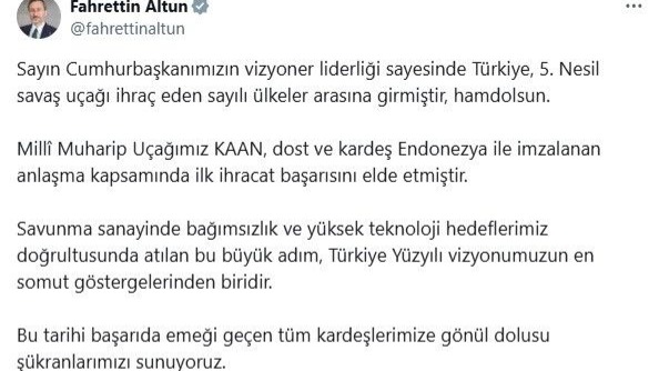 Fahrettin Altun: "Türkiye, KAAN ile 5. Nesil savaş uçağı ihraç eden sayılı ülkeler arasında"
