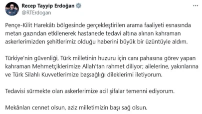 Cumhurbaşkanı Erdoğan’dan Pençe-Kilit bölgesindeki şehitler için taziye mesajı