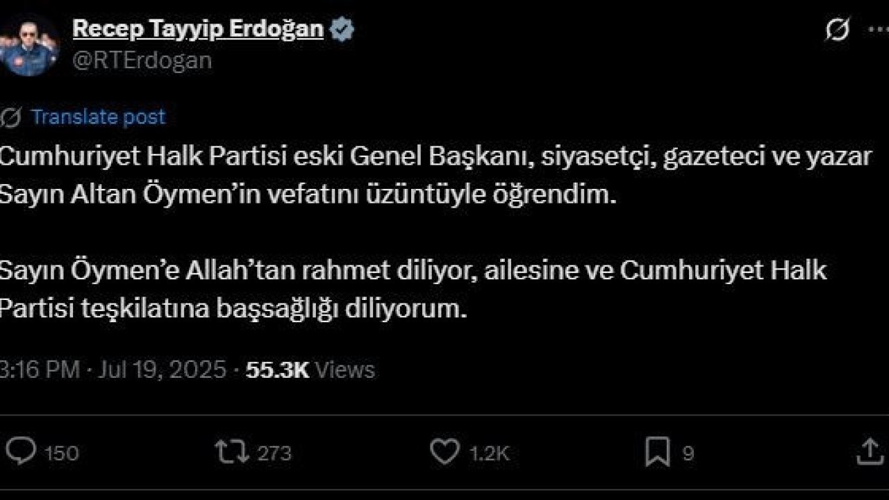 Cumhurbaşkanı Erdoğan’dan Altan Öymen için taziye mesajı