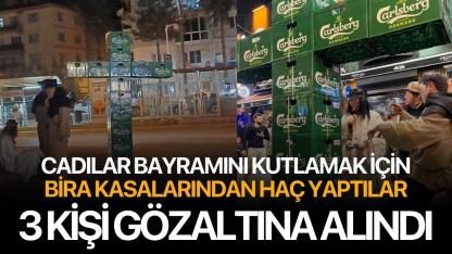 Bira kasalarından haç işareti oluşturan 3 şahıs gözaltına alındı