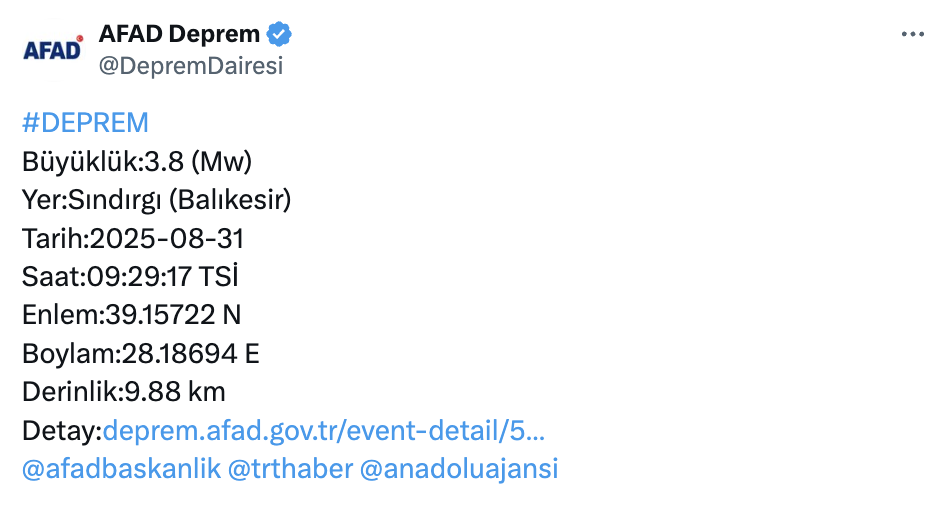 Balıkesir'de Kandilli'ye göre 4,1, AFAD'a göre 3,8 büyüklüğünde deprem